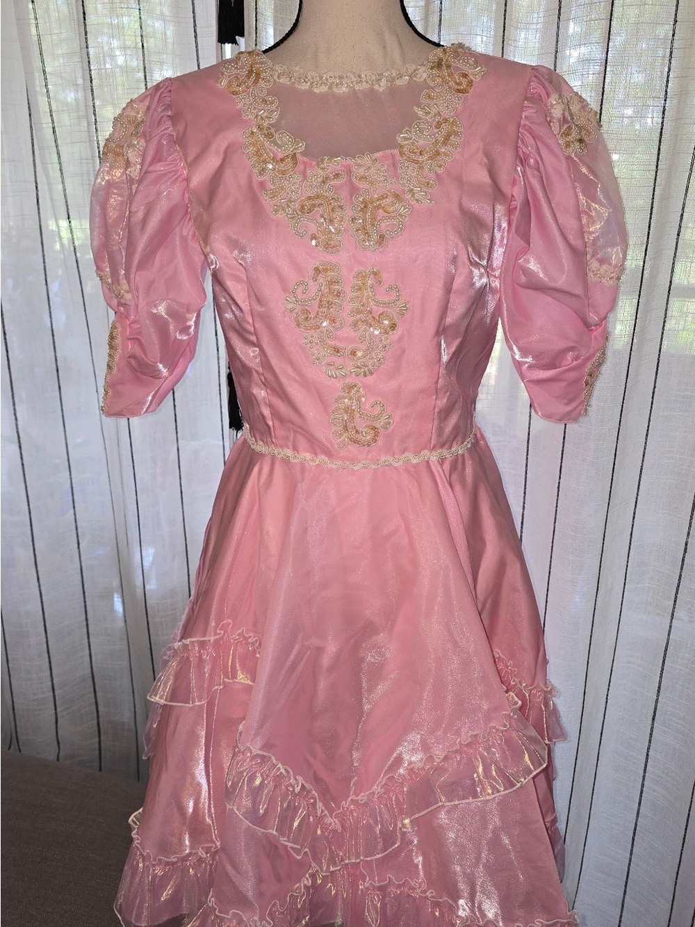 Source Unknown Pink Midi Dress with Gold Embroidery
